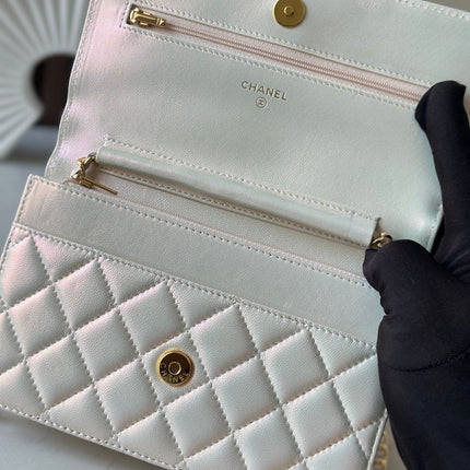 CHANEL 25S WALLET ON CHAIN 19 IN PEARL WHITE LAMBSKIN