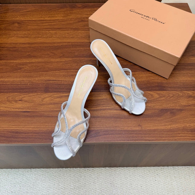 GIANVITO ROSSI 26S HIGH-HEEL SANDALS 85 MM IN SILVER PVC AND RHINESTONES