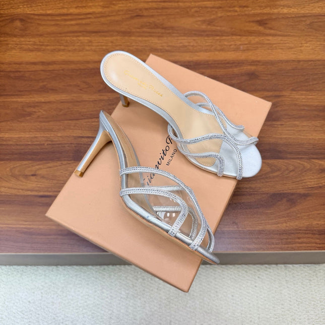GIANVITO ROSSI 26S HIGH-HEEL SANDALS 85 MM IN SILVER PVC AND RHINESTONES