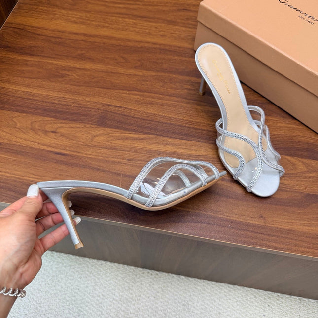GIANVITO ROSSI 26S HIGH-HEEL SANDALS 85 MM IN SILVER PVC AND RHINESTONES