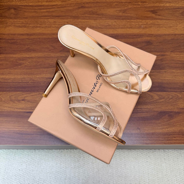GIANVITO ROSSI 26S HIGH-HEEL SANDALS 85 MM IN ROSE GOLD PVC AND RHINESTONES