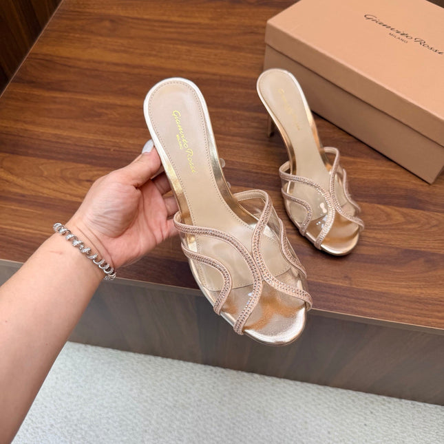 GIANVITO ROSSI 26S HIGH-HEEL SANDALS 85 MM IN ROSE GOLD PVC AND RHINESTONES