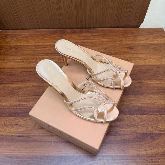 GIANVITO ROSSI 26S HIGH-HEEL SANDALS 85 MM IN ROSE GOLD PVC AND RHINESTONES