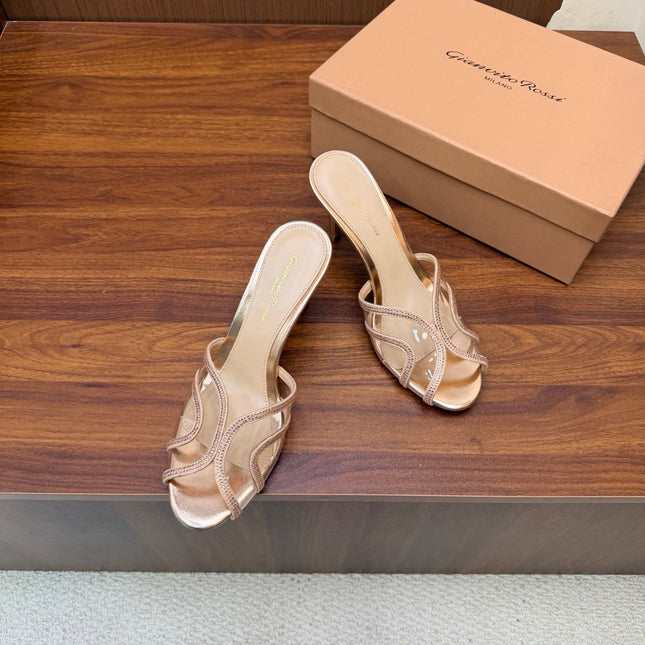 GIANVITO ROSSI 26S HIGH-HEEL SANDALS 85 MM IN ROSE GOLD PVC AND RHINESTONES