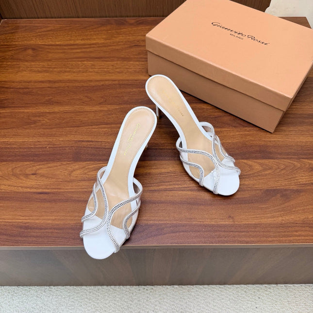 GIANVITO ROSSI 26S HIGH-HEEL SANDALS 85 MM IN WHITE PVC AND RHINESTONES