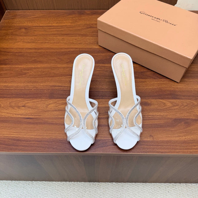 GIANVITO ROSSI 26S HIGH-HEEL SANDALS 85 MM IN WHITE PVC AND RHINESTONES