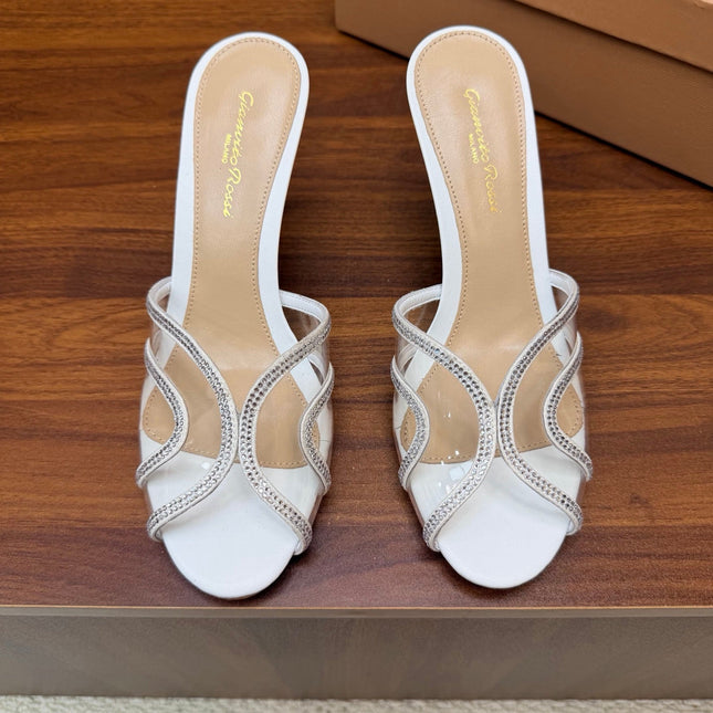 GIANVITO ROSSI 26S HIGH-HEEL SANDALS 85 MM IN WHITE PVC AND RHINESTONES