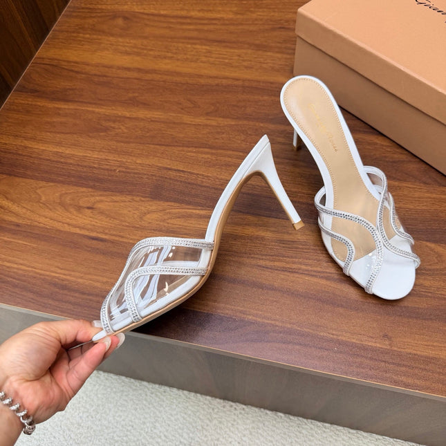GIANVITO ROSSI 26S HIGH-HEEL SANDALS 85 MM IN WHITE PVC AND RHINESTONES