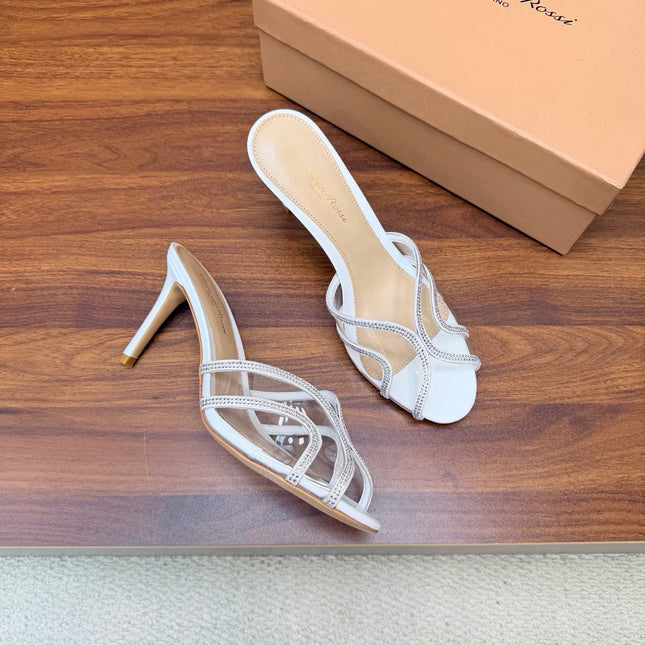 GIANVITO ROSSI 26S HIGH-HEEL SANDALS 85 MM IN WHITE PVC AND RHINESTONES