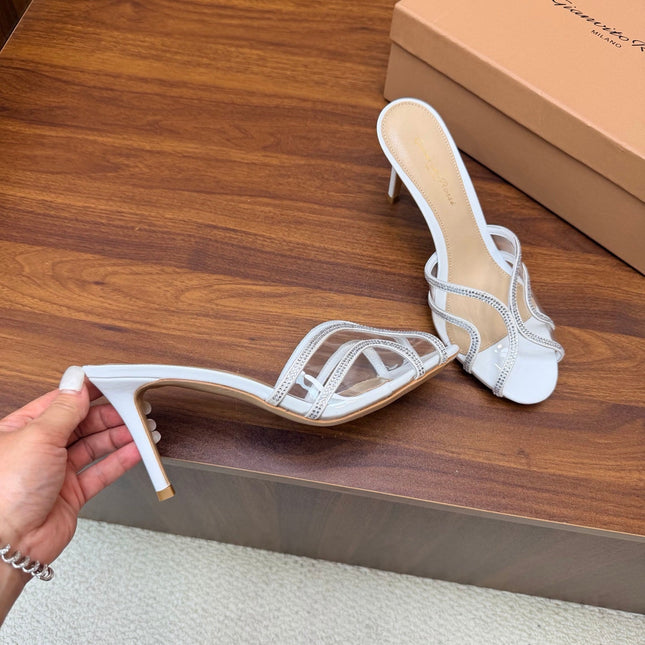 GIANVITO ROSSI 26S HIGH-HEEL SANDALS 85 MM IN WHITE PVC AND RHINESTONES
