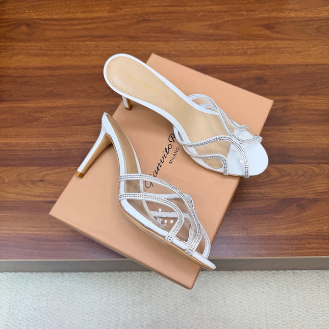 GIANVITO ROSSI 26S HIGH-HEEL SANDALS 85 MM IN WHITE PVC AND RHINESTONES