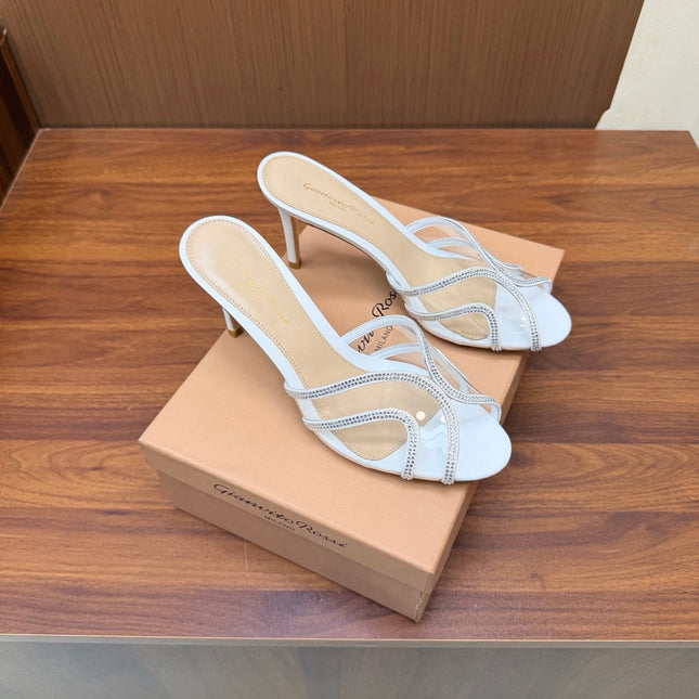 GIANVITO ROSSI 26S HIGH-HEEL SANDALS 85 MM IN WHITE PVC AND RHINESTONES
