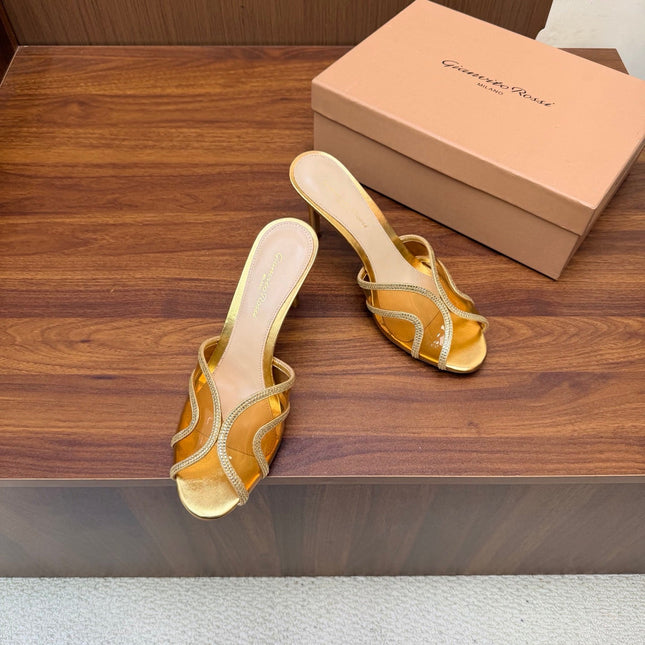 GIANVITO ROSSI 26S HIGH-HEEL SANDALS 85 MM IN GOLD PVC AND RHINESTONES