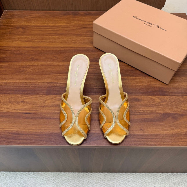 GIANVITO ROSSI 26S HIGH-HEEL SANDALS 85 MM IN GOLD PVC AND RHINESTONES