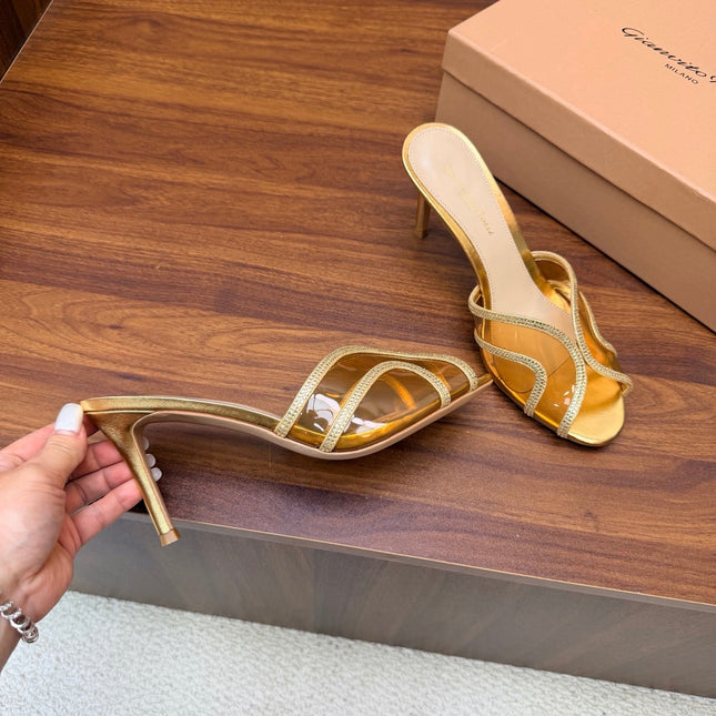GIANVITO ROSSI 26S HIGH-HEEL SANDALS 85 MM IN GOLD PVC AND RHINESTONES
