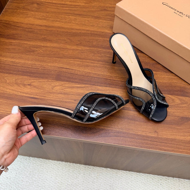 GIANVITO ROSSI 26S HIGH-HEEL SANDALS 85 MM IN BLACK PVC AND RHINESTONES