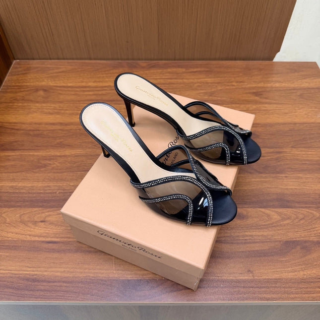 GIANVITO ROSSI 26S HIGH-HEEL SANDALS 85 MM IN BLACK PVC AND RHINESTONES