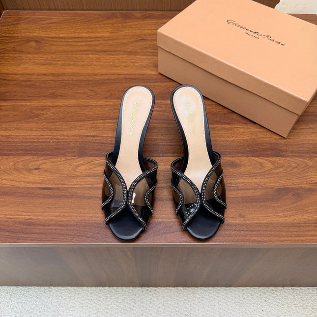GIANVITO ROSSI 26S HIGH-HEEL SANDALS 85 MM IN BLACK PVC AND RHINESTONES