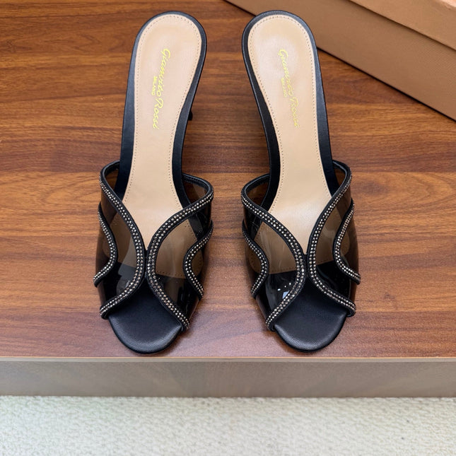 GIANVITO ROSSI 26S HIGH-HEEL SANDALS 85 MM IN BLACK PVC AND RHINESTONES