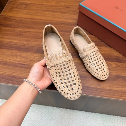 LP 26S PENNY LOAFERS IN BEIGE CALFSKIN WITH BASKETWEAVE DESIGN