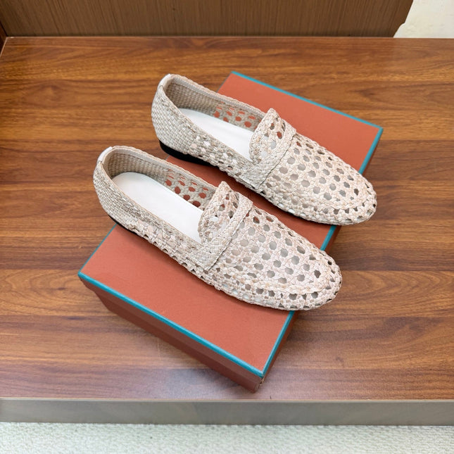 LP 26S PENNY LOAFERS IN CREAM WHITE CALFSKIN WITH BASKETWEAVE DESIGN