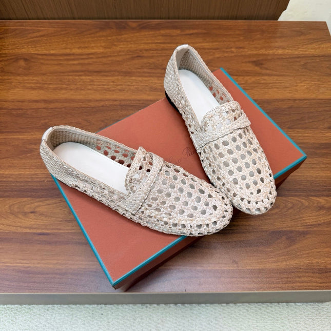LP 26S PENNY LOAFERS IN CREAM WHITE CALFSKIN WITH BASKETWEAVE DESIGN