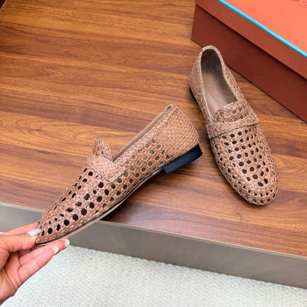 LP 26S PENNY LOAFERS IN BROWN CALFSKIN WITH BASKETWEAVE DESIGN