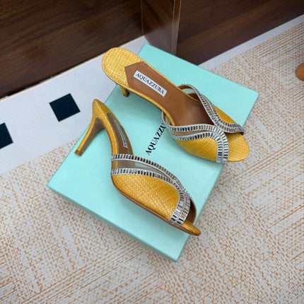 AQUAZZURA 26S HEELED SANDALS 75 MM IN YELLOW RAFFIA TEXTURE