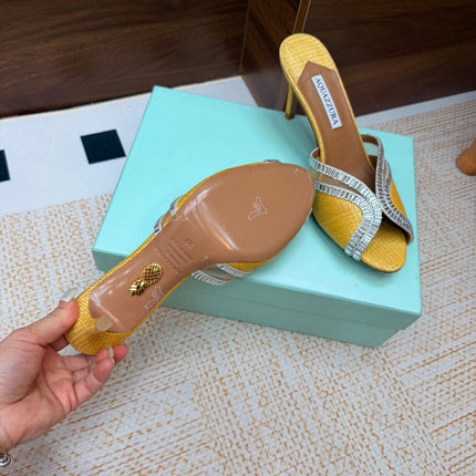 AQUAZZURA 26S HEELED SANDALS 75 MM IN YELLOW RAFFIA TEXTURE