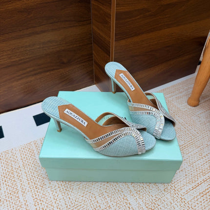 AQUAZZURA 26S HEELED SANDALS 75 MM IN LIGHT BLUE RAFFIA TEXTURE