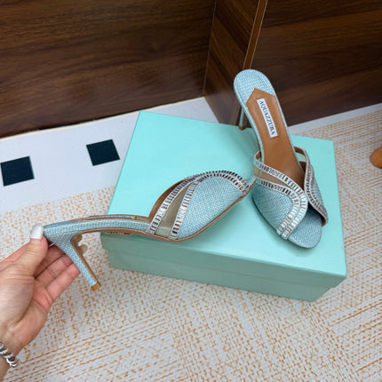 AQUAZZURA 26S HEELED SANDALS 75 MM IN LIGHT BLUE RAFFIA TEXTURE