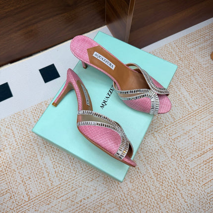 AQUAZZURA 26S HEELED SANDALS 75 MM IN PINK RAFFIA TEXTURE