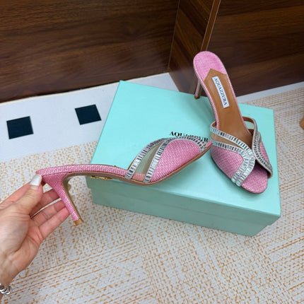 AQUAZZURA 26S HEELED SANDALS 75 MM IN PINK RAFFIA TEXTURE