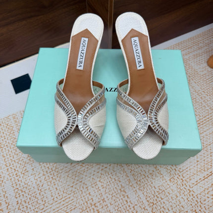 AQUAZZURA 26S HEELED SANDALS 75 MM IN WHITE RAFFIA TEXTURE