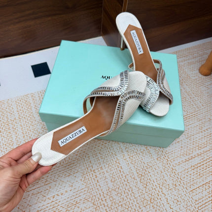 AQUAZZURA 26S HEELED SANDALS 75 MM IN WHITE RAFFIA TEXTURE