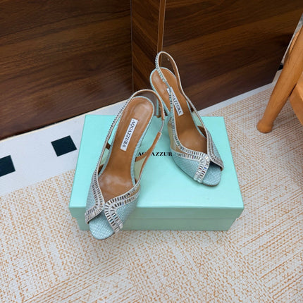 AQUAZZURA 26S HEELED SLINGBACK SANDALS 100 MM IN LIGHT BLUE RAFFIA TEXTURE