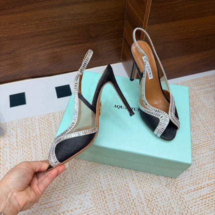 AQUAZZURA 26S HEELED SLINGBACK SANDALS 100 MM IN BLACK RAFFIA TEXTURE