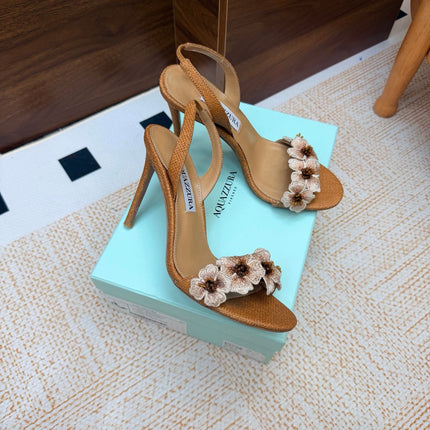 AQUAZZURA 26S HEELED SANDALS 100 MM IN BROWN RAFFIA TEXTURE