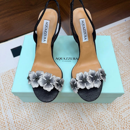 AQUAZZURA 26S HEELED SANDALS 100 MM IN BLACK RAFFIA TEXTURE