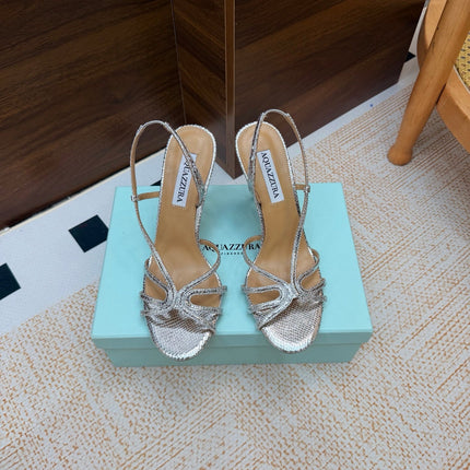 AQUAZZURA 26S CRYSTAL SANDALS 100 MM IN SILVER CALFSKIN