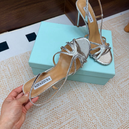 AQUAZZURA 26S CRYSTAL SANDALS 100 MM IN SILVER CALFSKIN