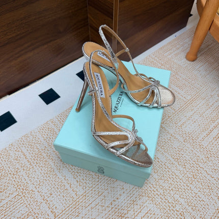 AQUAZZURA 26S CRYSTAL SANDALS 100 MM IN SILVER CALFSKIN