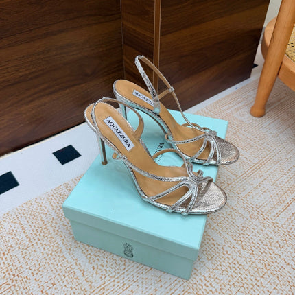 AQUAZZURA 26S CRYSTAL SANDALS 100 MM IN SILVER CALFSKIN