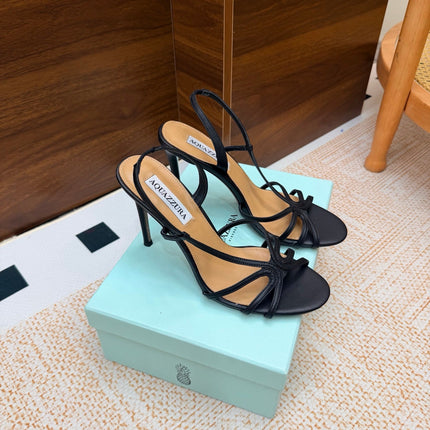 AQUAZZURA 26S CRYSTAL SANDALS 100 MM IN BLACK CALFSKIN