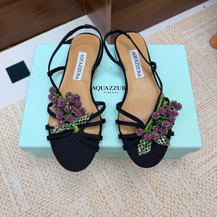 AQUAZZURA 26S CRYSTAL SANDALS IN BLACK FABRIC