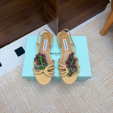 AQUAZZURA 26S CRYSTAL SANDALS IN BEIGE FABRIC