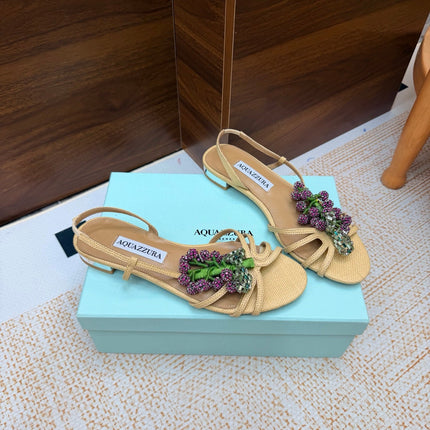 AQUAZZURA 26S CRYSTAL SANDALS IN BEIGE FABRIC