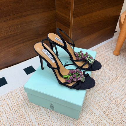 AQUAZZURA 26S HEEL SANDALS 100 MM IN BLACK FABRIC CRYSTAL FLORAL