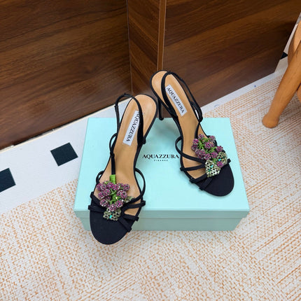 AQUAZZURA 26S HEEL SANDALS 100 MM IN BLACK FABRIC CRYSTAL FLORAL