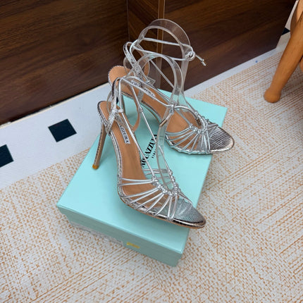 AQUAZZURA 26S LACE-UP HEEL SANDALS 100 MM IN SILVER CALFSKIN
